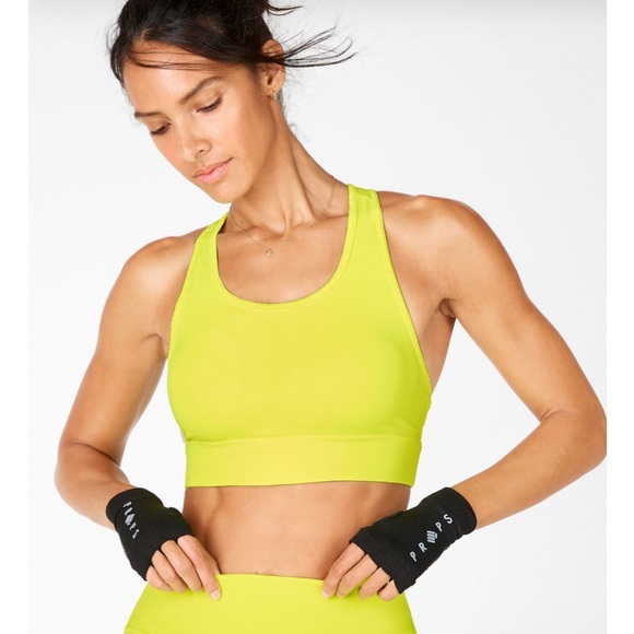 Fabletics On-The-Go Neon Green Lime Yellow Medium Impact Sports Bra Back Pocket - Picture 2 of 11